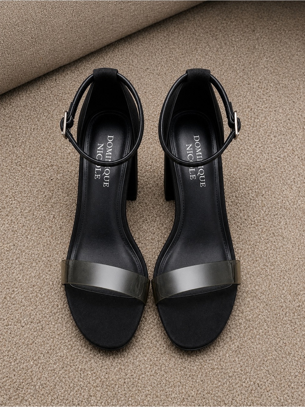 Dominique Black Ankle-Strap Block Heels with Clear Toe Band